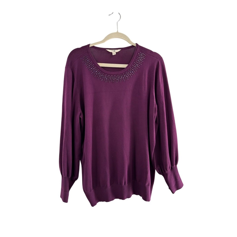Terra‎ & Sky Purple Womens Sweater Rhinestone Detail On Collar 1X Grandma Beaded